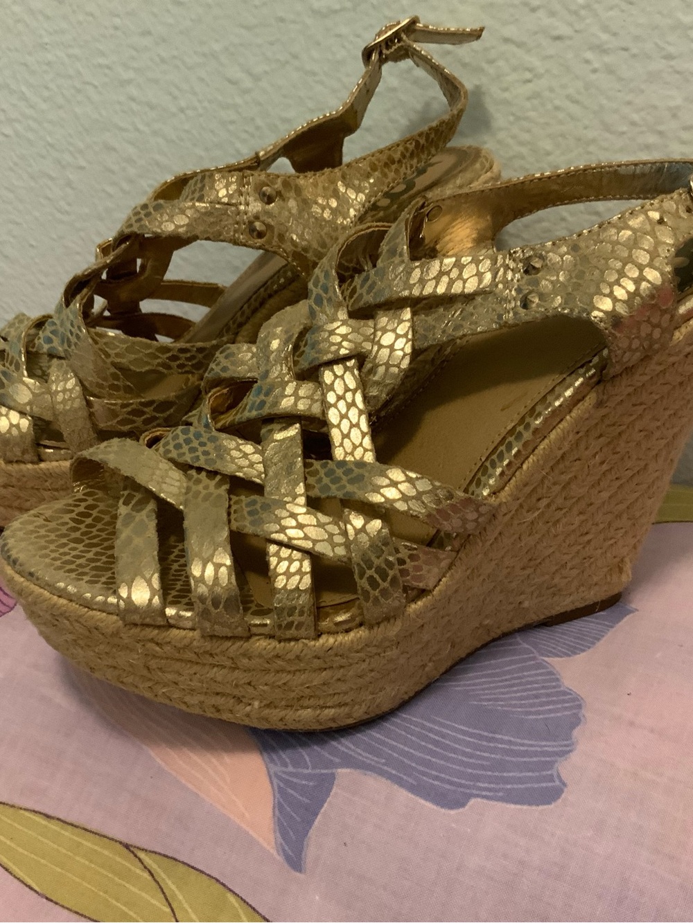 Fergalicious - Gold Gladiator Espadrille Wedges - Size 7